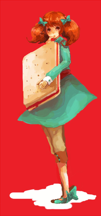 az, azuma aya, cracker-chan, bad id, bad pixiv id, cracker, food, jam, orange hair, ribbon, solo, twintails