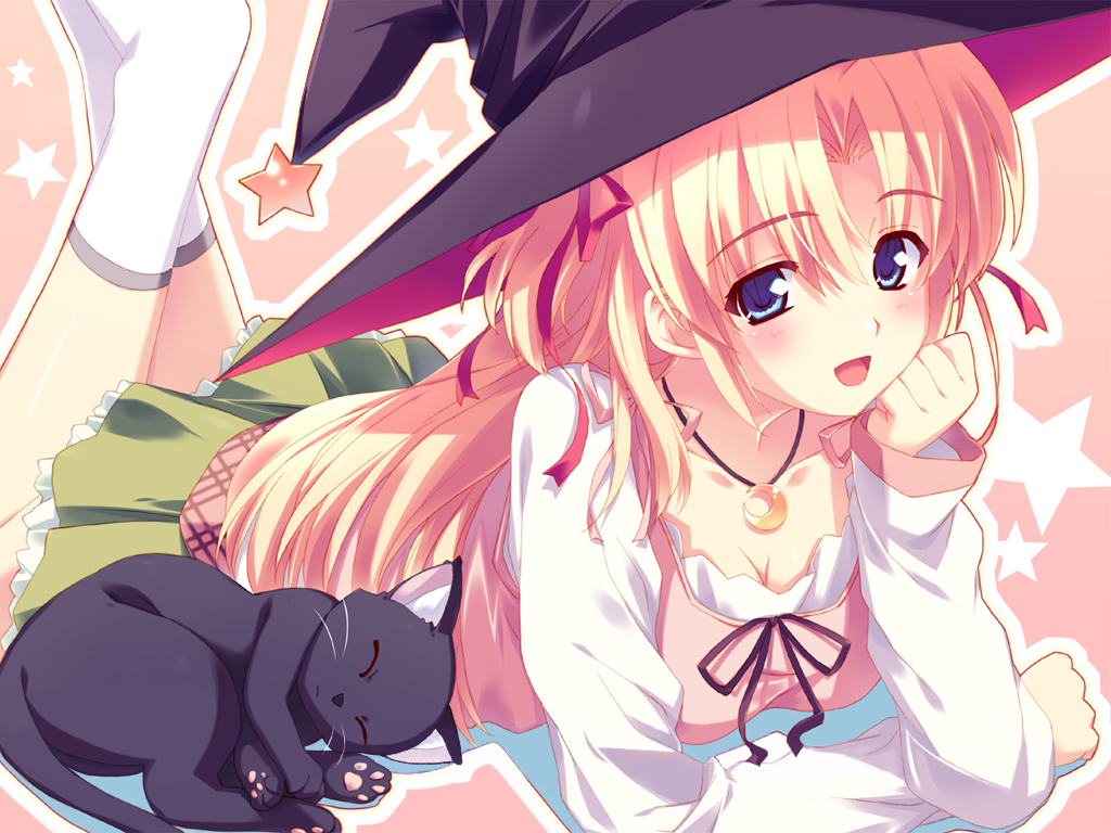 kusukusu, marie rudel, sakura strasse, blonde hair, cat, hat, long hair, lying, skirt, solo
