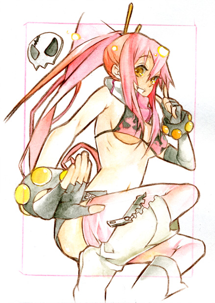 k ototo, yoko littner, tengen toppa gurren lagann, traditional media, 00s, 1girl, bikini, bikini top only, boots, bracelet, breasts, female focus, fingerless gloves, gloves, jewelry, long hair, medium breasts, ponytail, red hair, scarf, short shorts, shorts, smile, solo, swimsuit, thighhighs, underboob, unzipped, very long hair, yellow eyes, zipper