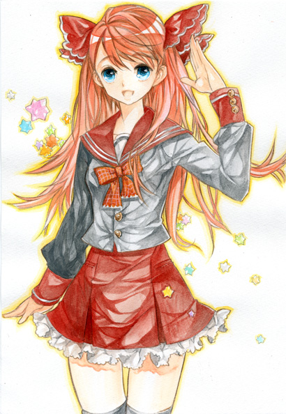 k ototo, bad id, bad pixiv id, traditional media, blue eyes, frills, red hair, school uniform, serafuku, solo, thighhighs, zettai ryouiki