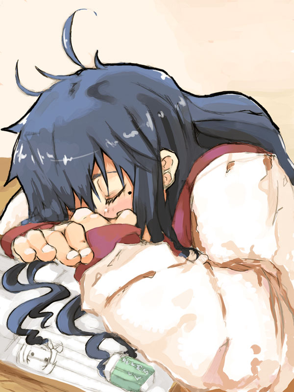 lefty10, izumi konata, lucky star, 00s, 1girl, closed eyes, eraser, female focus, mole, mole under eye, nyoro~n, sleeping, solo