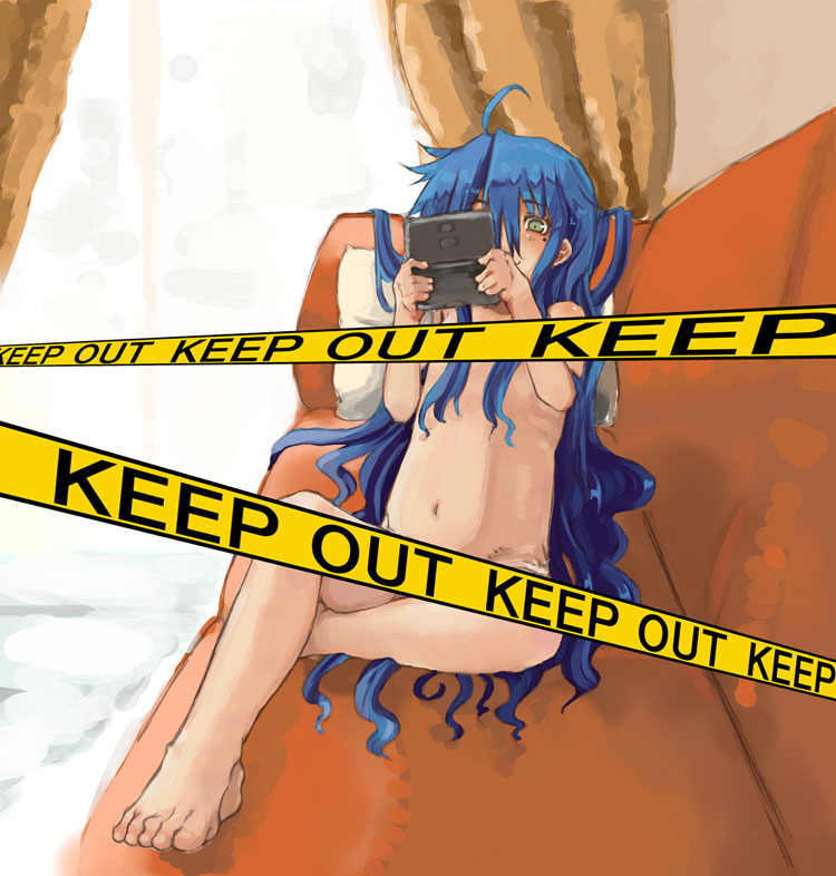 lefty10, izumi konata, lucky star, 00s, 1girl, barefoot, blue hair, caution tape, censored, censored nipples, feet, female focus, handheld game console, keep out, loli, long hair, mole, mole under eye, nintendo ds, panties, playing games, solo, underwear, very long hair, video game