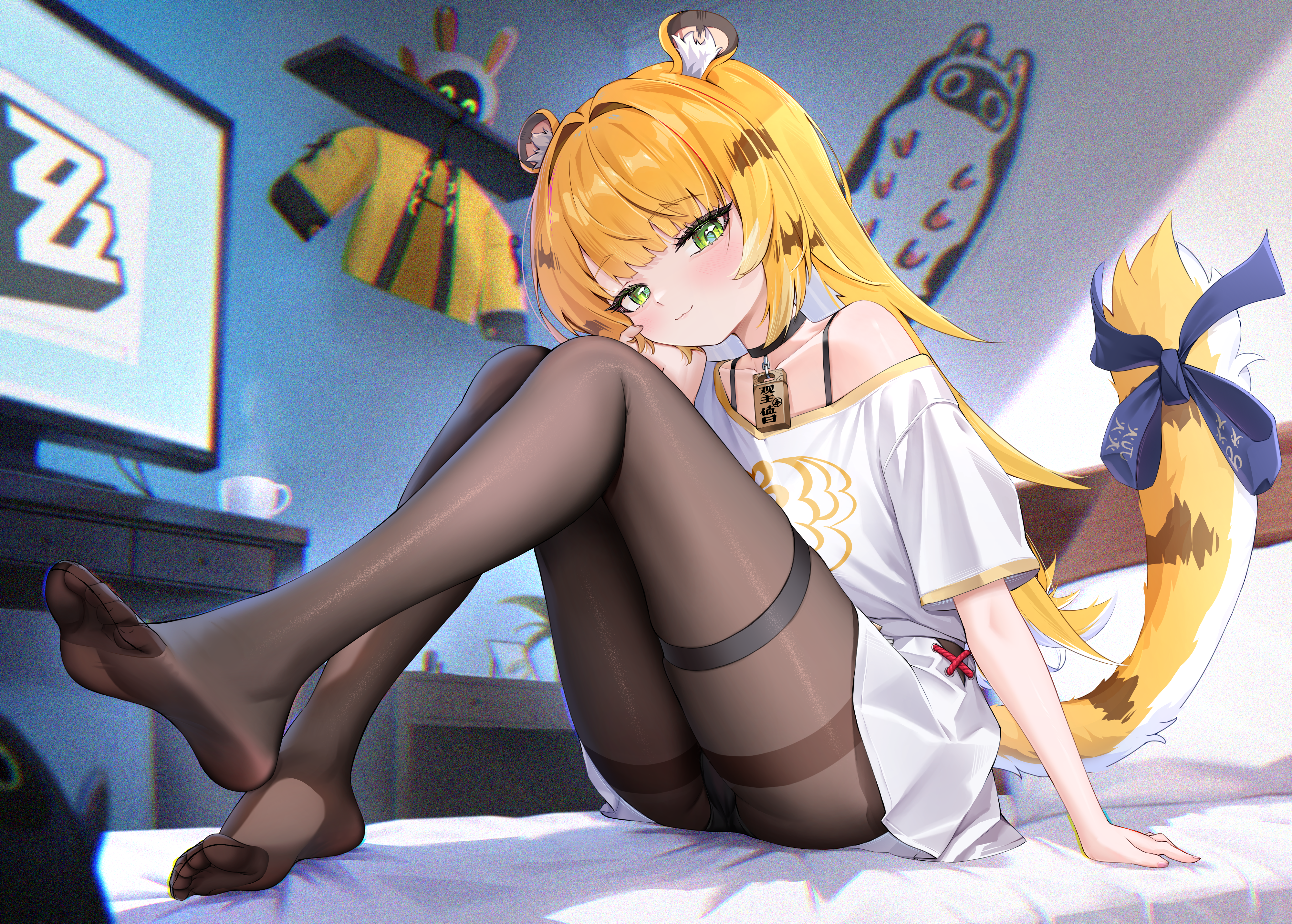 radoremo, ju fufu, zenless zone zero, absurdres, bilingual commentary, highres, mixed-language commentary, 1girl, :3, alternate costume, animal ears, bedroom, black choker, black pantyhose, blonde hair, choker, english text, green eyes, knees up, looking at viewer, on bed, pantyhose, shirt, single off shoulder, sitting, solo, striped fur, striped hair, tail, tiger ears, tiger girl, tiger stripes, tiger tail, white shirt