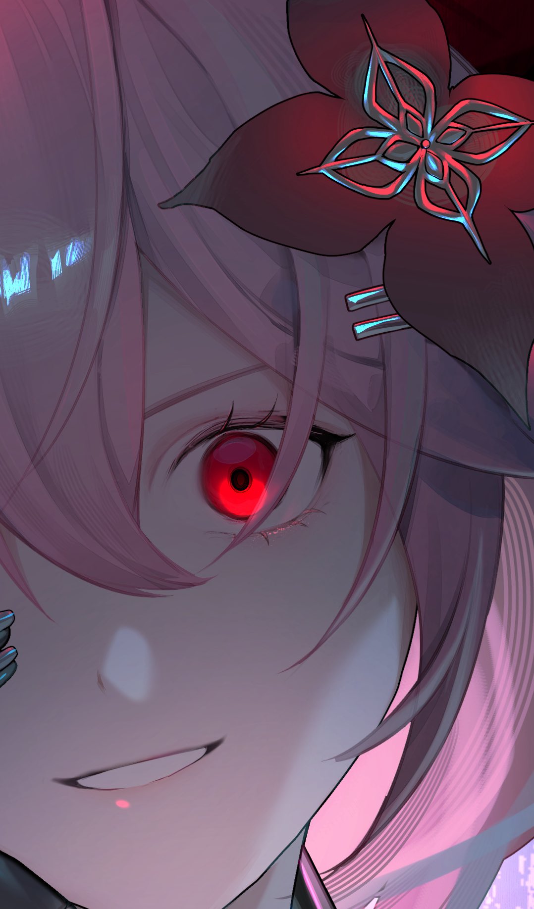 nei00nei, evernight (honkai: star rail), march 7th (honkai: star rail), honkai: star rail, honkai (series), commentary request, highres, 1girl, black gloves, crazy eyes, crazy smile, empty eyes, eyelashes, fingernails, flower, gloves, grey nails, hair between eyes, hair flower, hair ornament, hairclip, hand on own face, hand up, leather, leather gloves, long hair, looking at viewer, nail polish, official alternate costume, official alternate hairstyle, pink hair, red eyes, red flower, smile, solo, teeth
