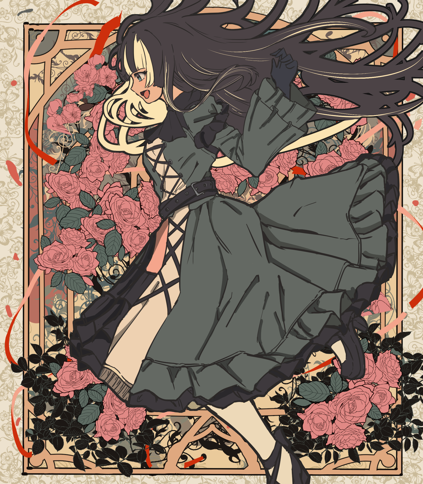 makitekka, juufuutei raden, juufuutei raden (1st costume), hololive, hololive dev is, highres, 1girl, belt, black belt, black gloves, black hair, border, cross-laced clothes, cross-laced dress, dress, floral background, flower, frilled dress, frills, from side, gloves, gothic lolita, lolita fashion, long hair, looking to the side, multicolored hair, open mouth, outside border, rose, solo, streaked hair, two-tone hair, virtual youtuber, white hair