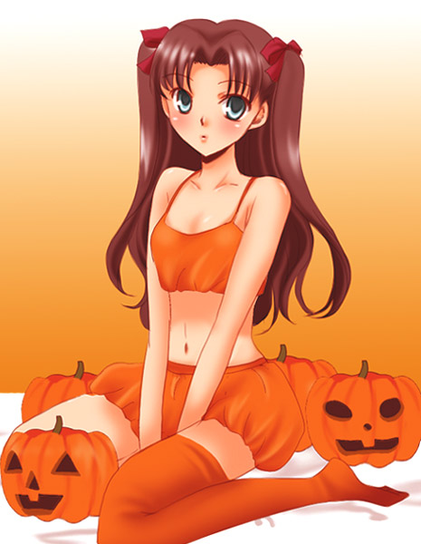 tohsaka rin, fate/stay night, fate (series), 00s, 1girl, female focus, halloween, jack-o'-lantern, midriff, navel, orange background, orange skirt, orange theme, orange thighhighs, pumpkin, sitting, skirt, solo, thighhighs, two side up, v arms, wariza, zettai ryouiki