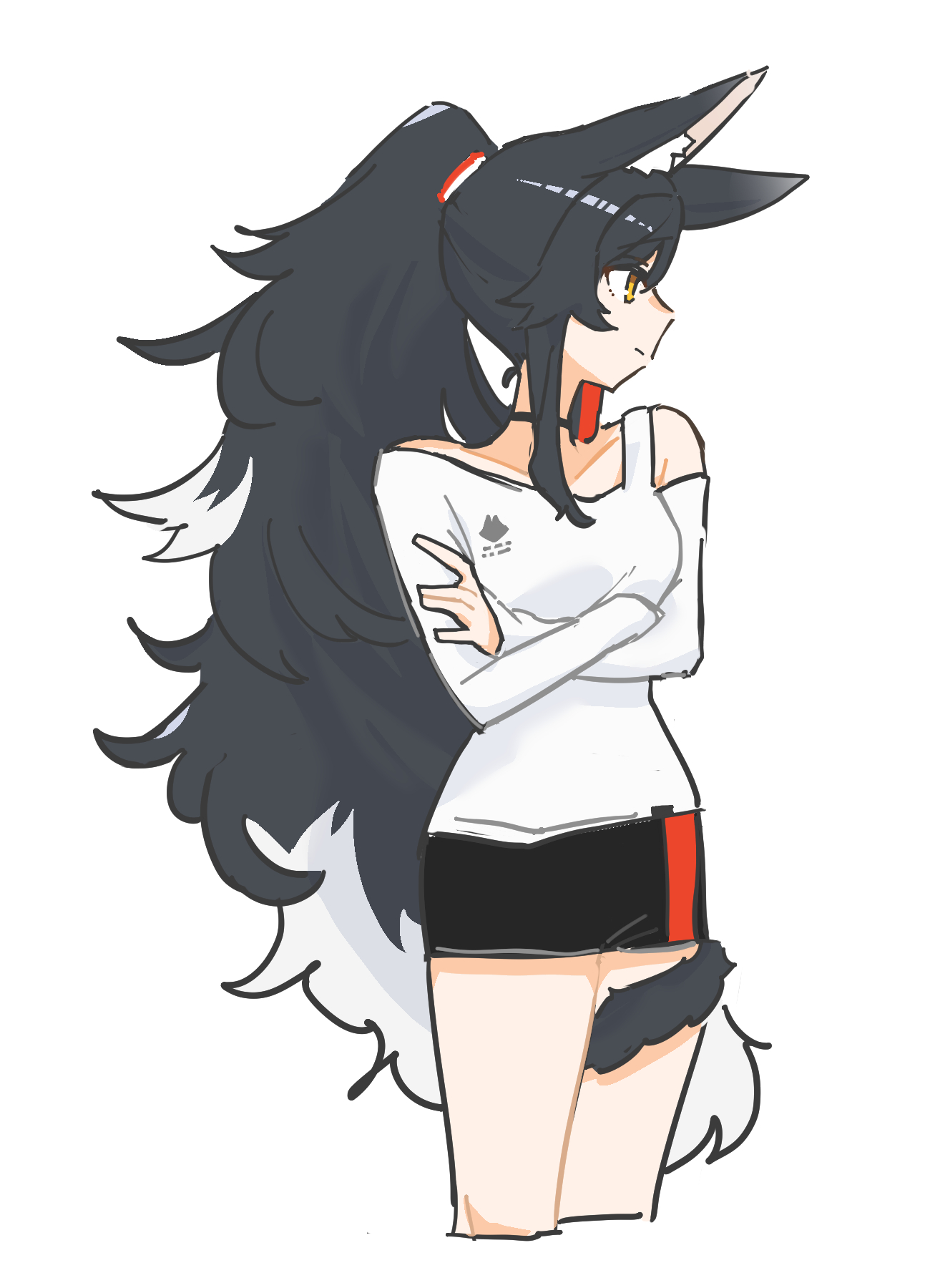 pohitashi, ookami mio, hololive, highres, 1girl, animal ear fluff, animal ears, black hair, black shorts, crossed arms, high ponytail, long hair, looking to the side, multicolored hair, ponytail, shirt, shorts, simple background, solo, tail, tail around own leg, two-tone hair, virtual youtuber, white background, white hair, white shirt, wolf ears, wolf girl, wolf tail, yellow eyes