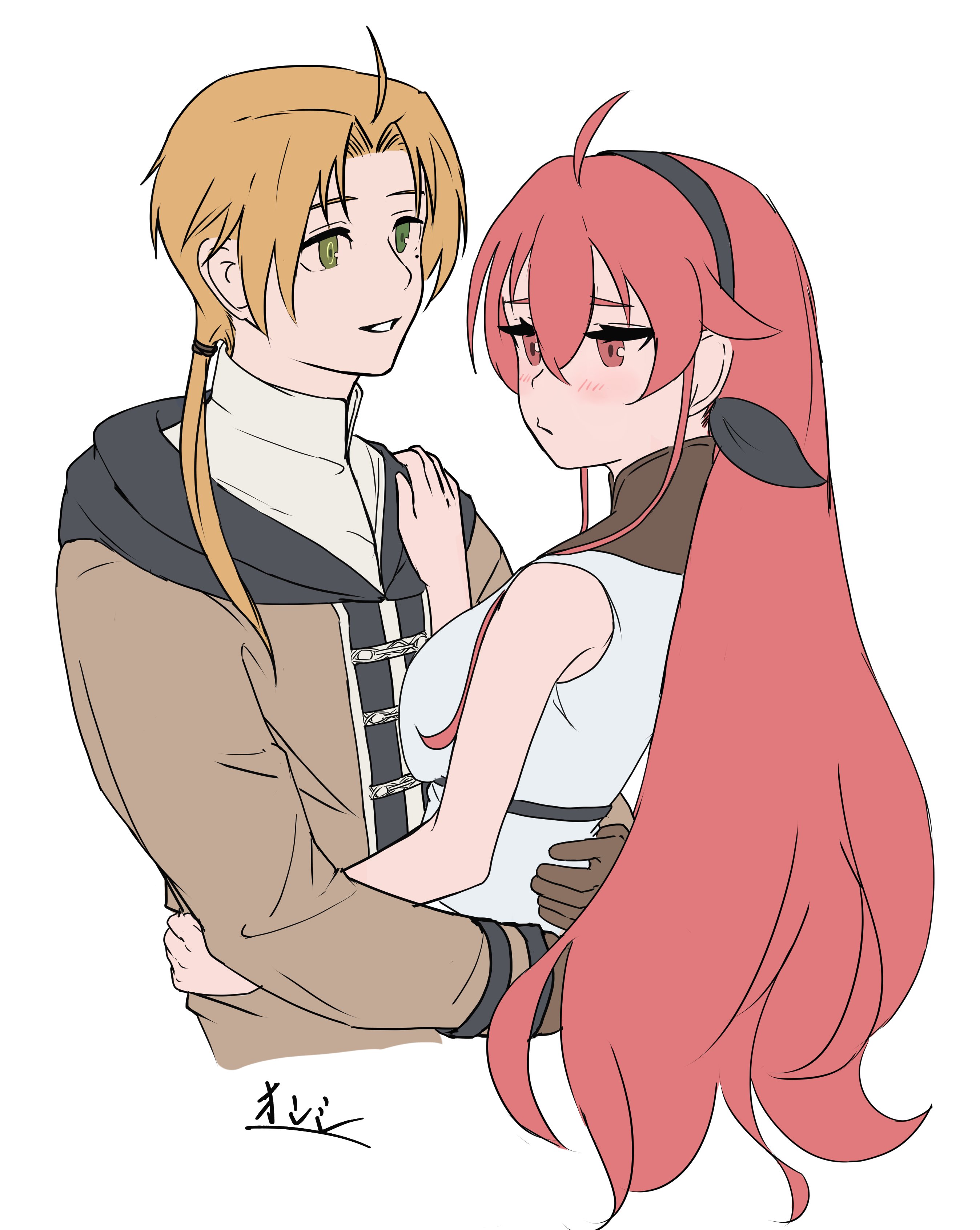 onshi 6641, eris greyrat, rudeus greyrat, mushoku tensei, absurdres, highres, ahoge, averting eyes, embarrassed, green eyes, hug, mole, mole under eye, ponytail, red eyes, red hair, smile