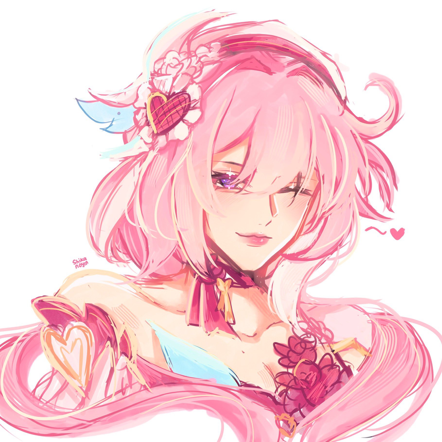 elysia (honkai impact), honkai (series), honkai impact 3rd, commentary, english commentary, highres, 1girl, ;), artist name, bare shoulders, breasts, cleavage, elysia (hi elf of love) (honkai impact), hat, heart, large breasts, long hair, looking at viewer, one eye closed, pink hair, purple eyes, shikanoyin, simple background, smile, solo, upper body, very long hair, white background, white hat