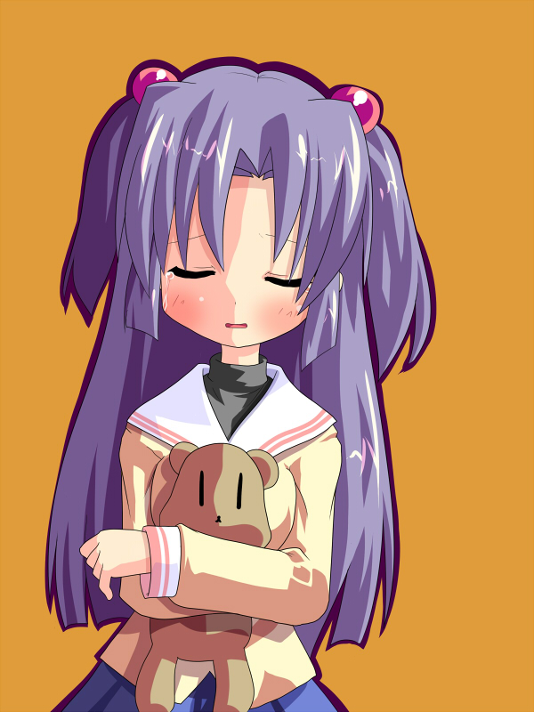 ichinose kotomi, clannad, 00s, 1girl, closed eyes, female focus, hair bobbles, hair ornament, long hair, school uniform, serafuku, solo, stuffed animal, stuffed toy, two side up