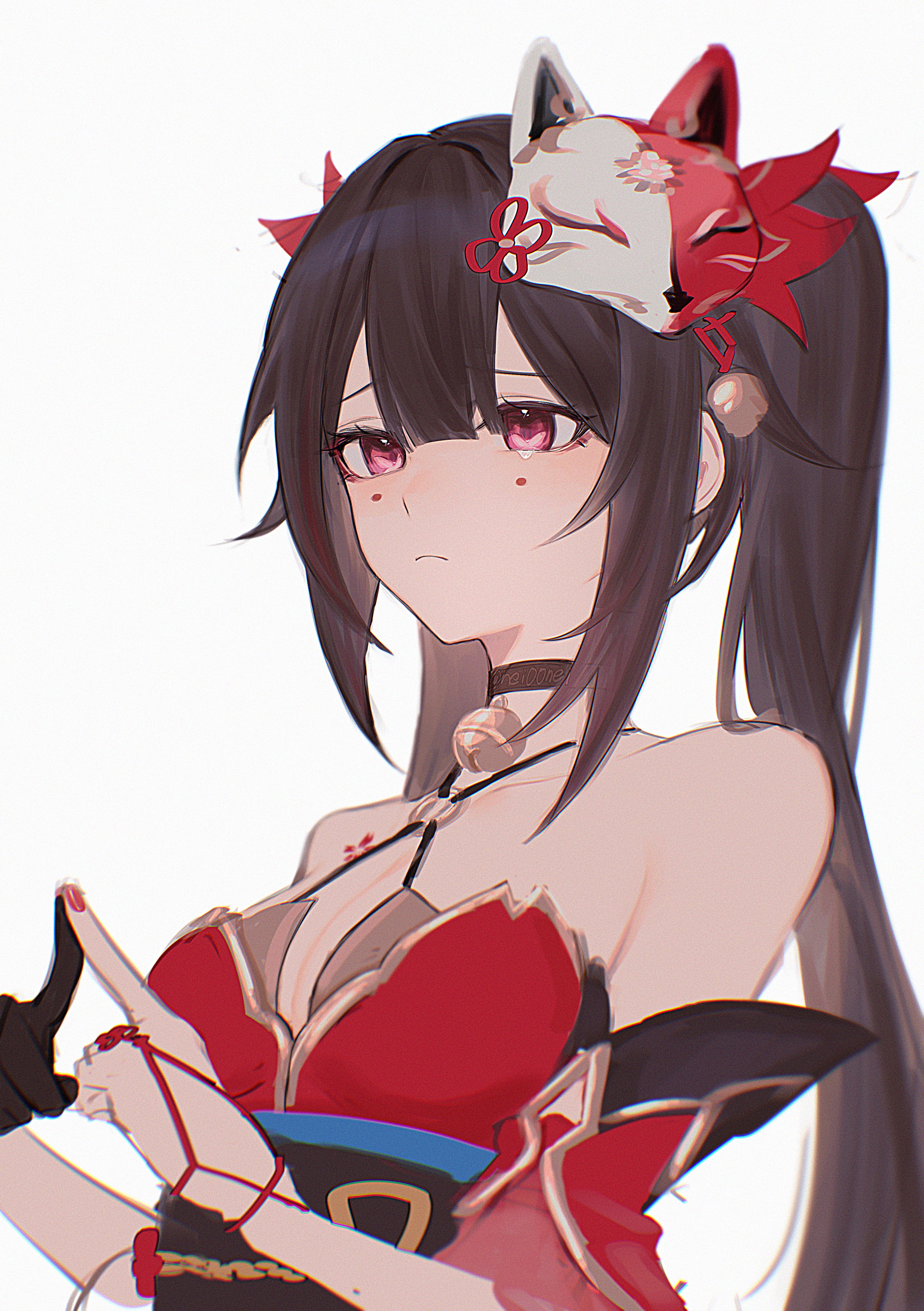 nei00nei, sparkle (honkai: star rail), honkai: star rail, honkai (series), absurdres, highres, 1girl, bare shoulders, bell, belt, black belt, black choker, black gloves, black hair, breasts, butterfly-shaped pupils, chest tattoo, choker, closed mouth, collarbone, detached sleeves, dress, eyeshadow, fingerless gloves, flower knot, flower tattoo, fox mask, gloves, hair between eyes, hair ornament, hand up, index fingers together, long hair, looking to the side, makeup, mask, mask on head, medium breasts, mole, mole under each eye, mole under eye, multiple moles, nail polish, neck bell, obijime, pink eyes, red dress, red eyeshadow, red nails, red sleeves, sad, short sleeves, sidelocks, simple background, single glove, sleeveless, sleeveless dress, solo, symbol-shaped pupils, tattoo, tearing up, twintails, upper body, white background, white mask