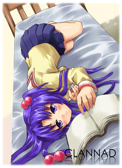 ichinose kotomi, clannad, 00s, bed, book, lying, school uniform, serafuku, solo