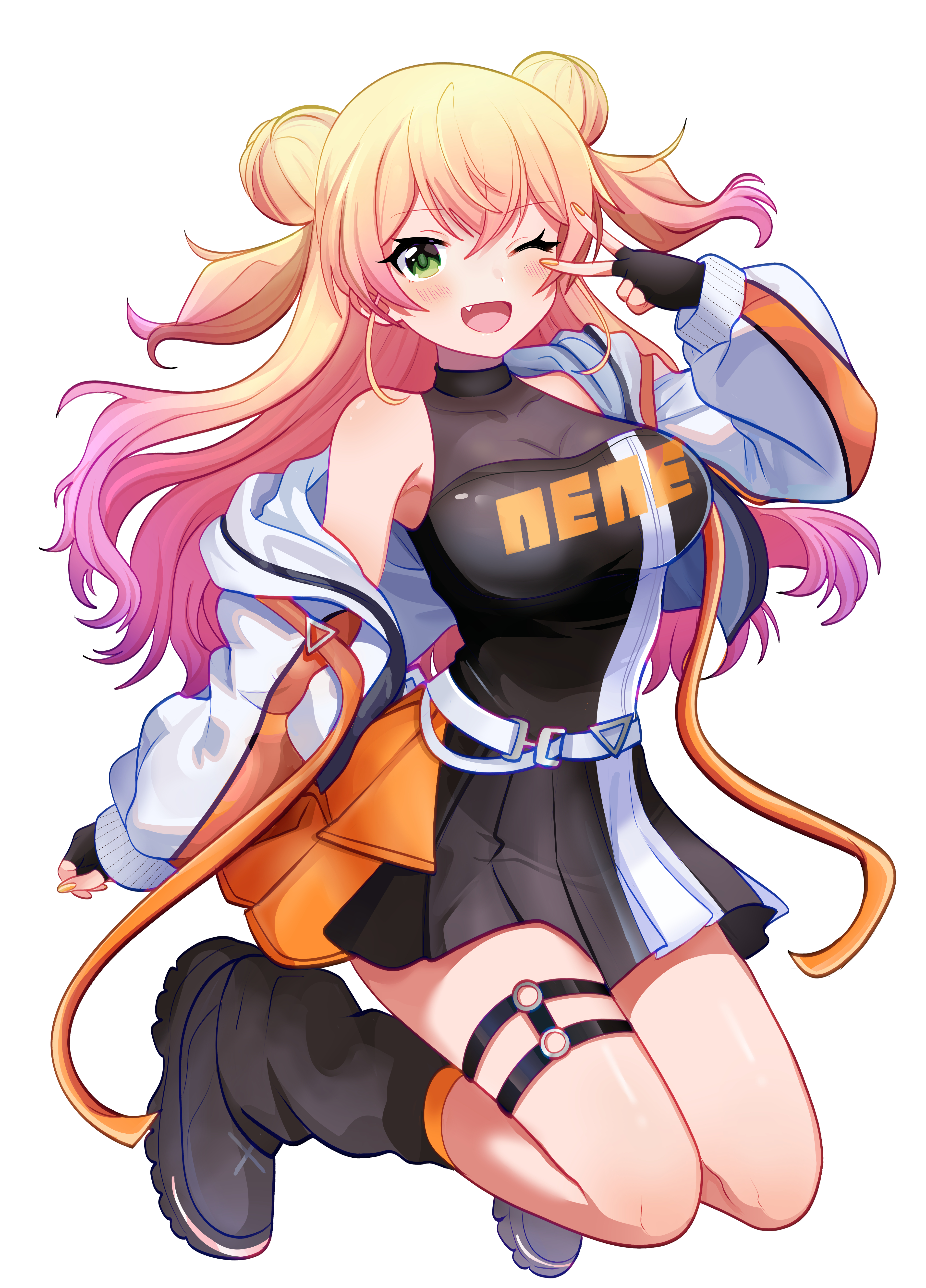 ghosttbyun, momosuzu nene, hololive, absurdres, commentary, english commentary, highres, 1girl, ;d, black dress, black gloves, black leg warmers, black shoes, blonde hair, breasts, character name, clothes writing, cropped jacket, crossed bangs, double-parted bangs, double bun, dress, fang, fingerless gloves, full body, gloves, gradient hair, green eyes, hair between eyes, hair bun, halter dress, halterneck, hand up, jacket, large breasts, leg warmers, long hair, multicolored hair, o-ring, o-ring thigh strap, official alternate costume, one eye closed, open mouth, pink hair, pleated dress, shoes, short dress, side up bun, sidelocks, simple background, sleeveless, sleeveless dress, smile, solo, thigh strap, two side up, v, v over eye, virtual youtuber, white background, white jacket