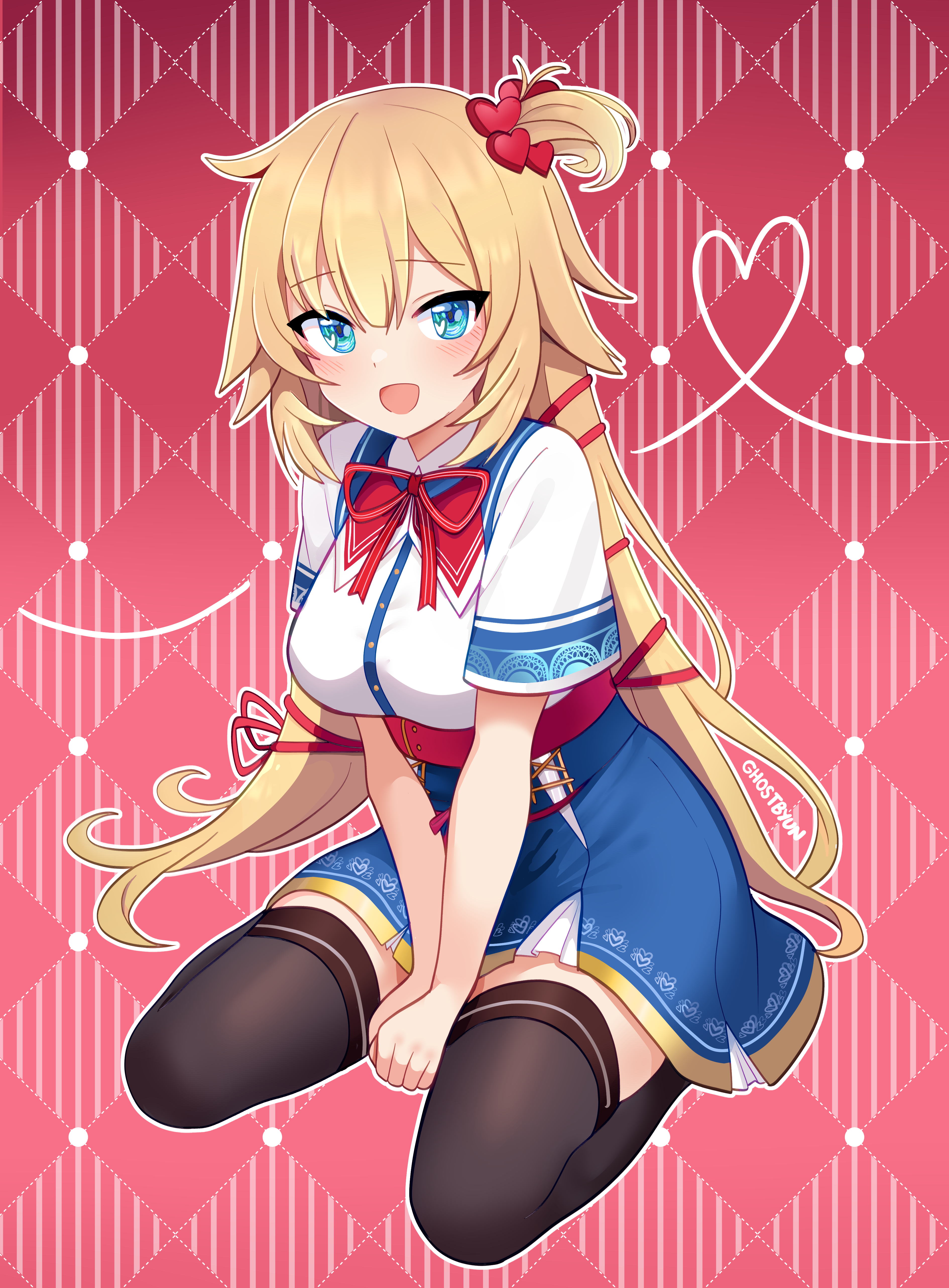 ghosttbyun, akai haato, akai haato (1st costume), hololive, absurdres, commentary, english commentary, highres, 1girl, :d, aqua eyes, between legs, black thighhighs, blonde hair, blue skirt, breasts, collared shirt, double-parted bangs, full body, hair between eyes, hair ornament, hair ribbon, hand between legs, heart, heart hair ornament, high-waist skirt, large breasts, long hair, looking at viewer, miniskirt, neck ribbon, one side up, open mouth, red ribbon, ribbon, shirt, shirt tucked in, short sleeves, sitting, skirt, smile, solo, thighhighs, underbust, very long hair, virtual youtuber, white shirt