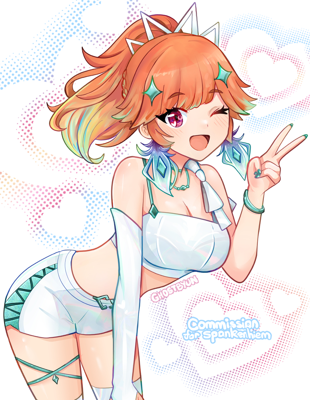 ghosttbyun, takanashi kiara, hololive, hololive english, mirage (takanashi kiara), commentary, commission, english commentary, highres, 1girl, artist name, bent over, bracelet, bridal gauntlets, choker, detached sleeves, diamond hair ornament, earrings, feather earrings, feathers, gradient hair, grey hair, hair ornament, heart, high ponytail, jewelry, long hair, looking at viewer, midriff, multicolored hair, official alternate costume, one eye closed, open mouth, orange hair, ponytail, purple eyes, shorts, simple background, single bridal gauntlet, single detached sleeve, smile, solo, strapless, tube top, virtual youtuber, white tube top