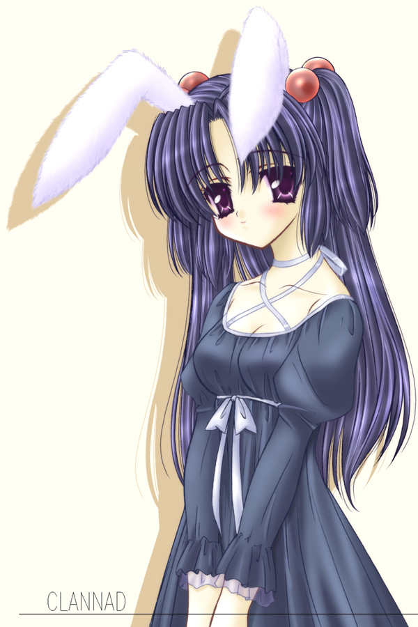 ichinose kotomi, clannad, 00s, animal ears, blush, dress, hair bobbles, hair ornament, long hair, purple eyes, purple hair, rabbit ears, solo