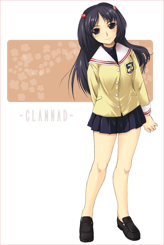 ichinose kotomi, clannad, eyebrows, 00s, 1girl, black shoes, copyright name, emblem, female focus, full body, hair bobbles, hair ornament, long hair, long sleeves, looking at viewer, pleated skirt, purple skirt, school uniform, serafuku, shoes, simple background, skirt, solo, standing