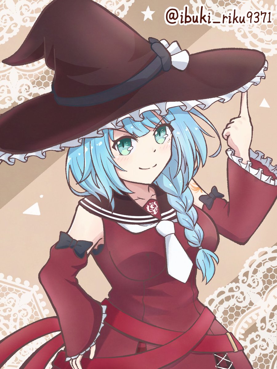 ibuki riku, assault lily, commentary request, highres, >:), 1girl, aqua eyes, arm tattoo, belt, black bow, blue hair, blush, bow, braid, braided ponytail, breasts, brown background, brown hat, brown sailor collar, closed mouth, cowboy shot, detached sleeves, dress, finger on hat, frilled hat, frilled sleeves, frills, hair over shoulder, hand on own hip, hand up, hat, hat bow, index finger raised, kanba girls high school uniform, lace background, large breasts, long hair, long sleeves, looking at viewer, medium breasts, multiple belts, necktie, red belt, red dress, sailor collar, school uniform, serafuku, short necktie, single braid, sleeve bow, sleeveless, sleeveless dress, solo, standing, tattoo, tozaki moka, twitter username, v-shaped eyebrows, white necktie, witch hat