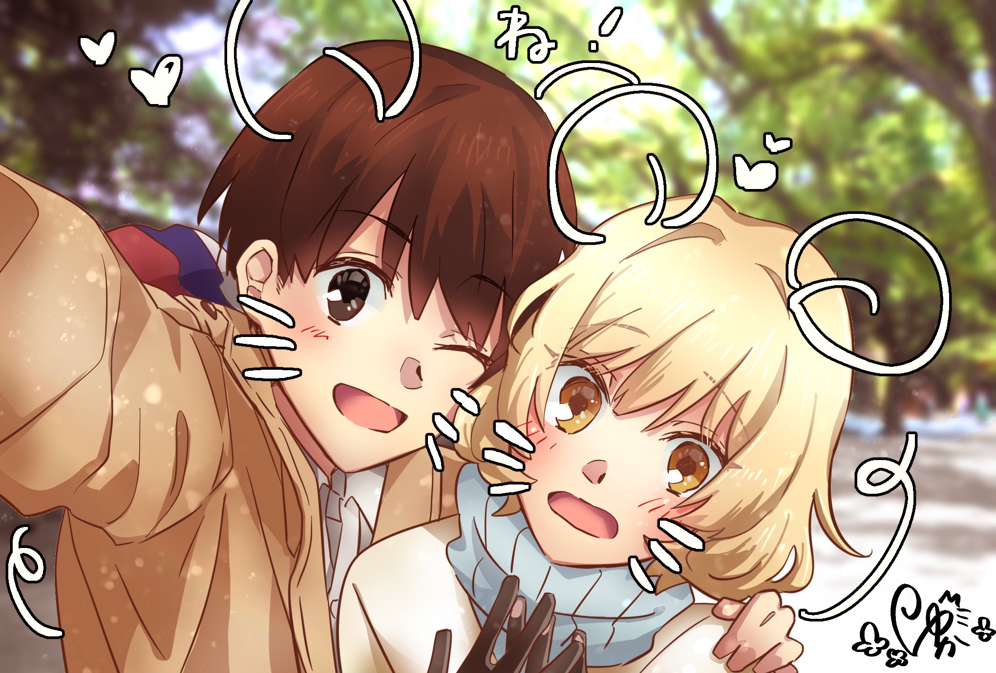 moritsuka shun, occultic;nine, science adventure, fluffy hair, highres, 1boy, 1girl, :d, black gloves, black hair, blonde hair, blue sweater, blush, brown eyes, brown hair, brown jacket, coat, dress shirt, gloves, jacket, kisaki asuna, long hair, long sleeves, one eye closed, open clothes, open coat, open mouth, paw print, paw print pattern, selfie, shirt, short hair, smile, suit jacket, surprised, sweater, white coat, white shirt, yellow eyes, yuka 4092