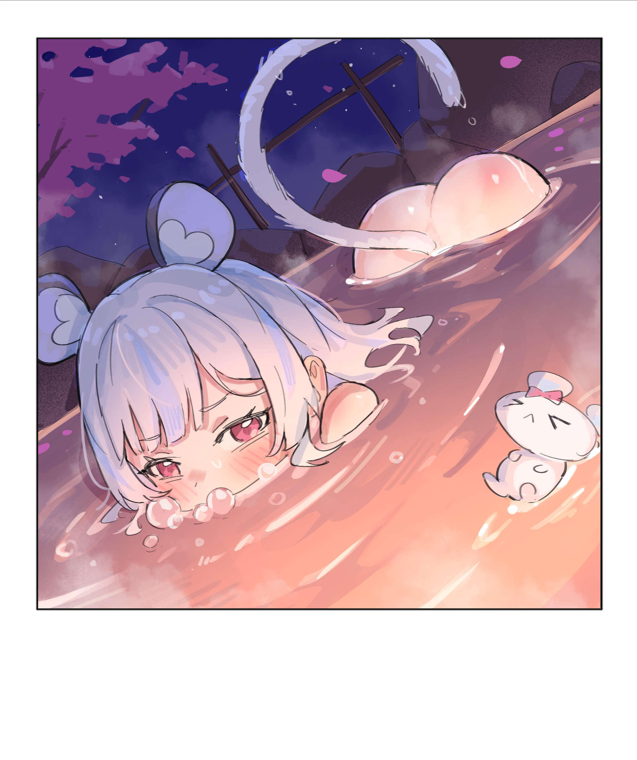 maplesights, original, absurdres, highres, 1girl, air bubble, animal ears, ass, bathing, border, bubble, cherry blossoms, mouse ears, mouse girl, mouse tail, night, night sky, nude, onsen, short hair, sky, solo, tail, tree, white border, white hair