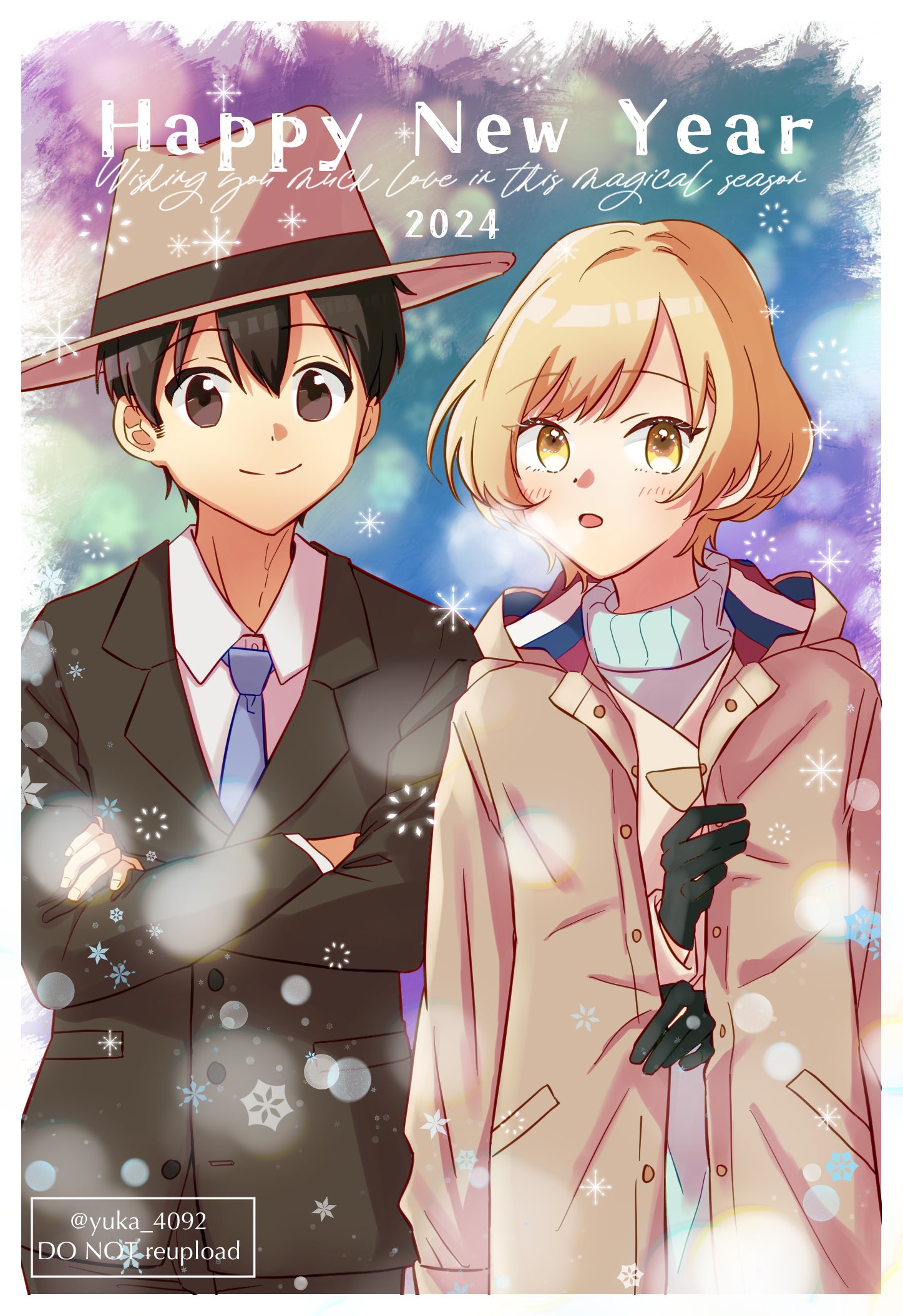 moritsuka shun, occultic;nine, science adventure, fluffy hair, highres, 1boy, 1girl, :o, black gloves, black hair, blonde hair, blue sweater, blush, brown jacket, coat, coat on shoulders, crossed arms, dress shirt, fedora, gloves, hat, jacket, kisaki asuna, long sleeves, looking at viewer, open clothes, open coat, outdoors, shirt, short hair, smile, snow, snowing, suit jacket, sweater, white coat, white shirt, winter clothes, yellow eyes, yuka 4092