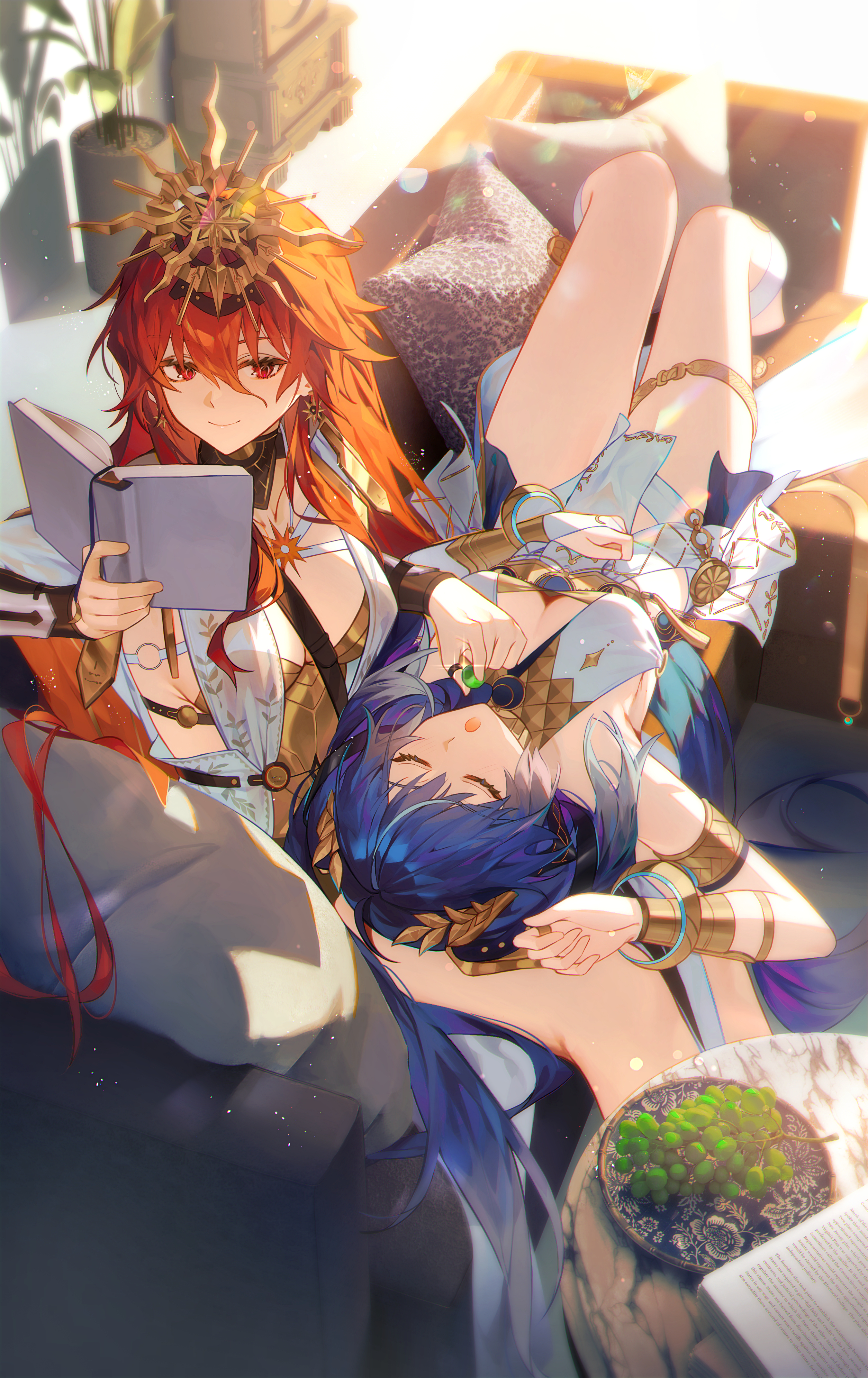 shotgunman, augusta (wuthering waves), iuno (wuthering waves), wuthering waves, absurdres, commentary, english commentary, highres, 2girls, :o, armlet, armor, black collar, blue hair, book, breastplate, breasts, cleavage, closed eyes, closed mouth, collar, couch, earrings, feeding, food, fruit, gold bra, hair between eyes, head wreath, headgear, holding, holding book, holding food, holding fruit, indoors, jewelry, lap pillow, looking at another, lying, medium breasts, multiple girls, on back, open book, open mouth, orange hair, red eyes, sitting, smile, sun earrings, thighlet, thighs, wrist guards