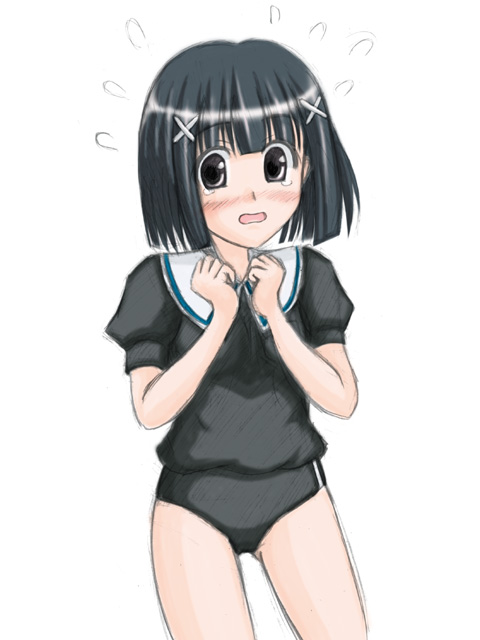 furutani saki, tsukidate chiyo, strawberry panic!, 00s, 1girl, black eyes, black hair, blunt bangs, blush, buruma, female focus, hair ornament, looking at viewer, open mouth, puffy short sleeves, puffy sleeves, short hair, short sleeves, simple background, solo, standing, tears, white background, x hair ornament