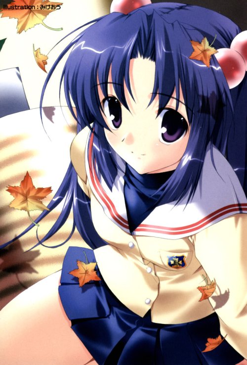 mikeou, ichinose kotomi, clannad, 00s, 1girl, blue hair, female focus, leaf, long hair, pleated skirt, purple eyes, school uniform, serafuku, skirt, solo