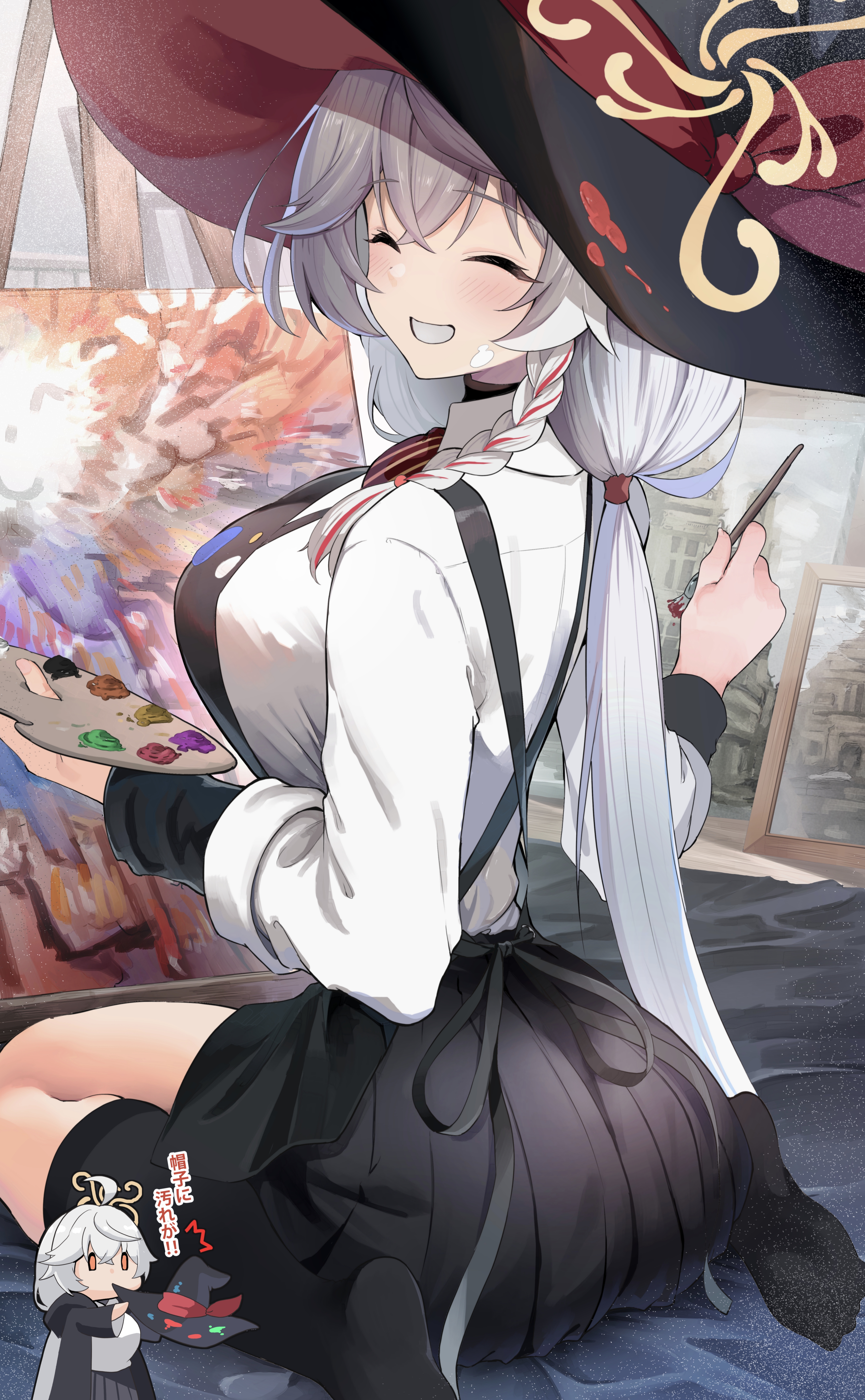 sezok, eri (blue archive), blue archive, absurdres, highres, 1girl, :d, ^ ^, ass, black hat, black skirt, black socks, blush, bow, bowtie, braid, breasts, chibi, chibi inset, closed eyes, collared shirt, facing viewer, full body, grey hair, grin, hair over shoulder, halo, happy, hat, kneehighs, large breasts, long hair, long sleeves, looking at viewer, multiple views, no shoes, open mouth, orange eyes, paint splatter, paint splatter on face, painting (action), pleated skirt, red bow, red bowtie, school uniform, shirt, single braid, sitting, skirt, smile, socks, soles, solo, straight hair, very long hair, white shirt, witch, witch hat