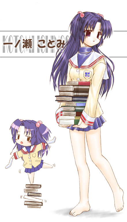 mizuna (water emp-tei), ichinose kotomi, clannad, 00s, 1girl, barefoot, book, character name, chibi, hair bobbles, hair ornament, school uniform, serafuku, two side up