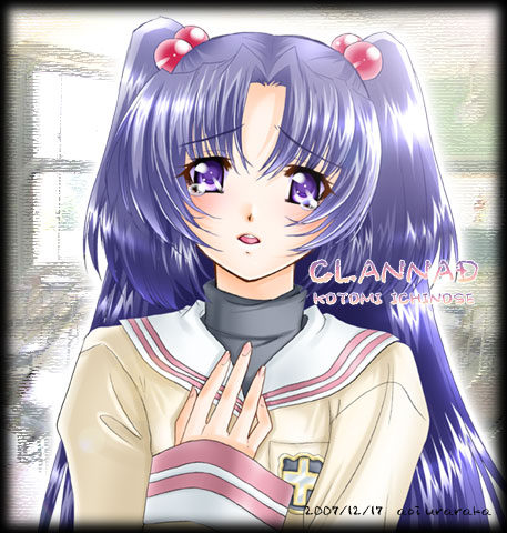 aoi uraraka, ichinose kotomi, clannad, lowres, 00s, 1girl, character name, female focus, hair bobbles, hair ornament, school uniform, serafuku, solo, tears, two side up