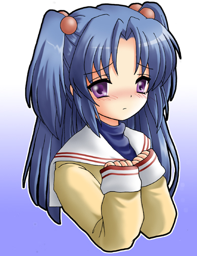 ichinose kotomi, clannad, 00s, 1girl, female focus, hair bobbles, hair ornament, school uniform, serafuku, solo, two side up