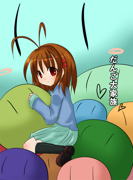 furukawa nagisa, clannad, dango daikazoku, 00s, 1girl, antenna hair, black socks, brown hair, brown shoes, dango, female focus, food, hair ornament, hairclip, heart, kneehighs, long sleeves, looking at viewer, red eyes, shoes, sitting, skirt, socks, solo, wagashi, | |