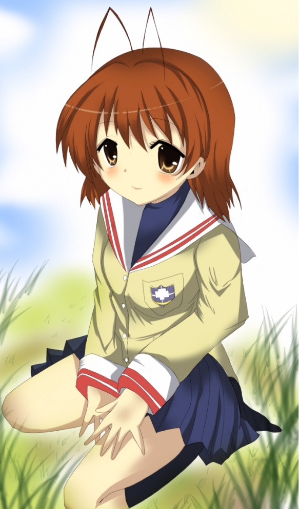 furukawa nagisa, clannad, tagme, 00s, antenna hair, grass, kneeling, solo
