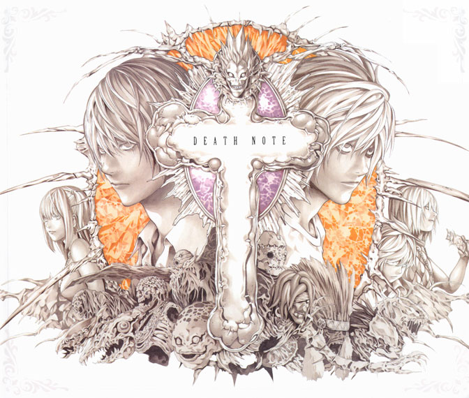 obata takeshi, amane misa, l (death note), mello (death note), near (death note), rem (death note), ryuk, yagami light, death note, official art, 00s, 1girl, 5boys, bags under eyes, cross, latin cross, multiple boys, shinigami