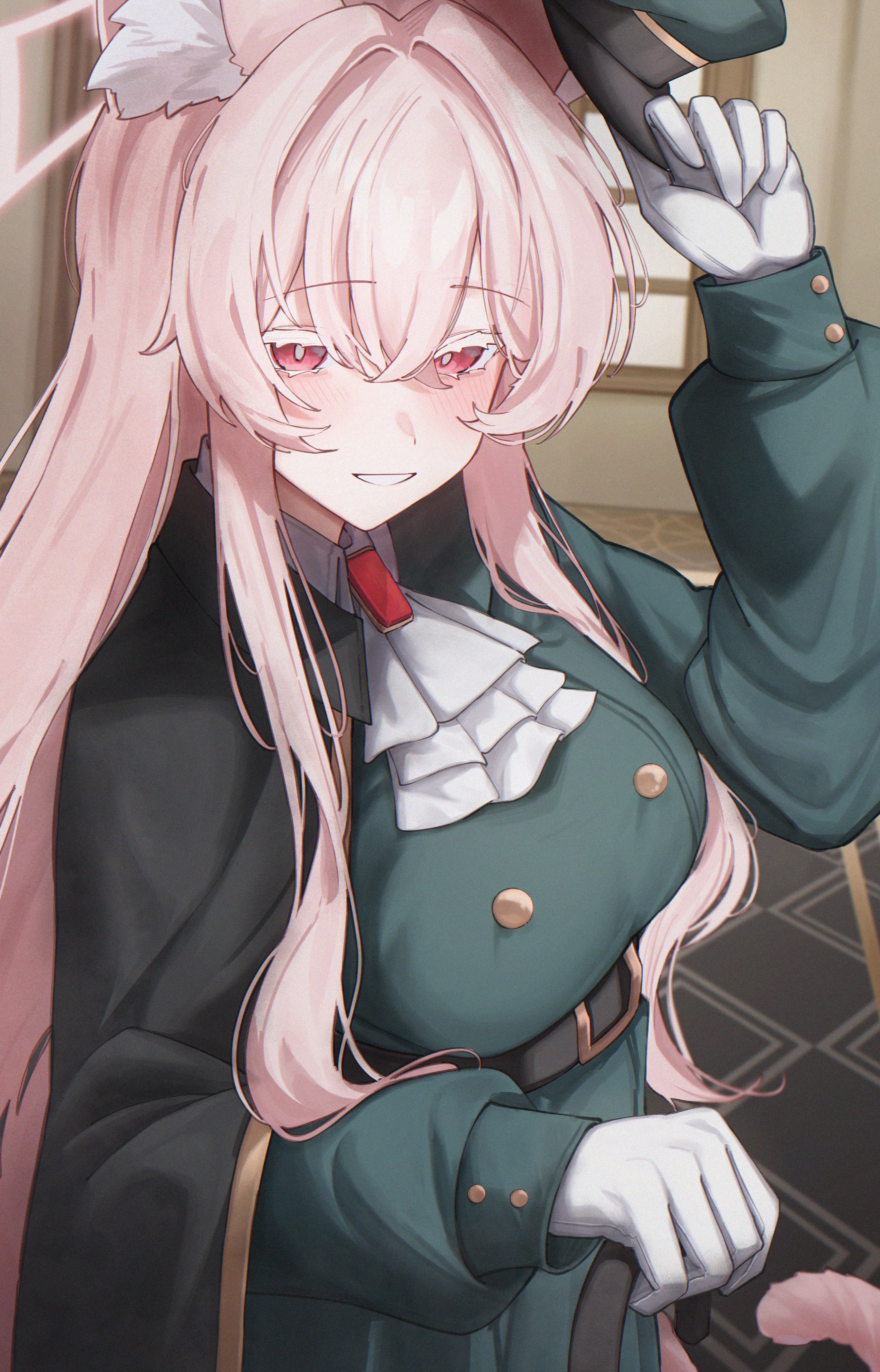 oiru (613), akira (blue archive), blue archive, absurdres, highres, 1girl, animal ear fluff, animal ears, cat ears, cat girl, cat tail, colored eyelashes, long hair, official alternate costume, pink eyes, pink hair, smile, solo, tail, white eyelashes