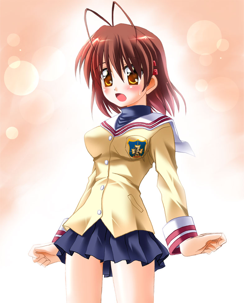 otoki raku, furukawa nagisa, clannad, 00s, 1girl, antenna hair, brown eyes, brown hair, female focus, open mouth, pleated skirt, school uniform, serafuku, short hair, skirt, solo, sweatdrop