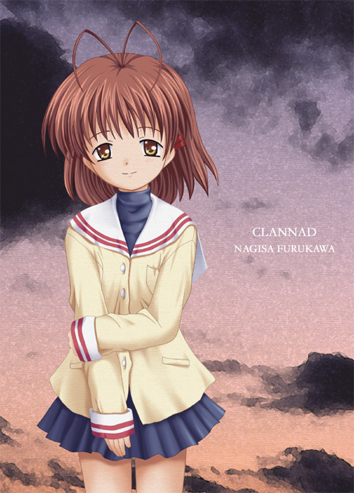horiyayu, furukawa nagisa, clannad, 00s, 1girl, antenna hair, brown eyes, brown hair, female focus, school uniform, serafuku, short hair, solo