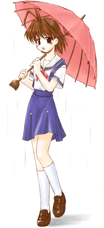 mizuna (water emp-tei), furukawa nagisa, clannad, 00s, 1girl, :d, antenna hair, blue skirt, brown hair, brown shoes, female focus, full body, hair ornament, hairclip, kneehighs, open mouth, rain, school uniform, serafuku, shoes, short sleeves, skirt, smile, socks, solo, standing, standing on one leg, suspender skirt, suspenders, umbrella, white background, white socks