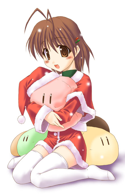 mizuna (water emp-tei), furukawa nagisa, clannad, dango daikazoku, 00s, 1girl, :d, antenna hair, brown eyes, brown hair, christmas, dango, female focus, food, full body, hair ornament, hairclip, hat, hug, looking at viewer, no shoes, open mouth, santa costume, santa hat, sitting, smile, solo, stuffed toy, thighhighs, wagashi, wariza, white thighhighs, zettai ryouiki