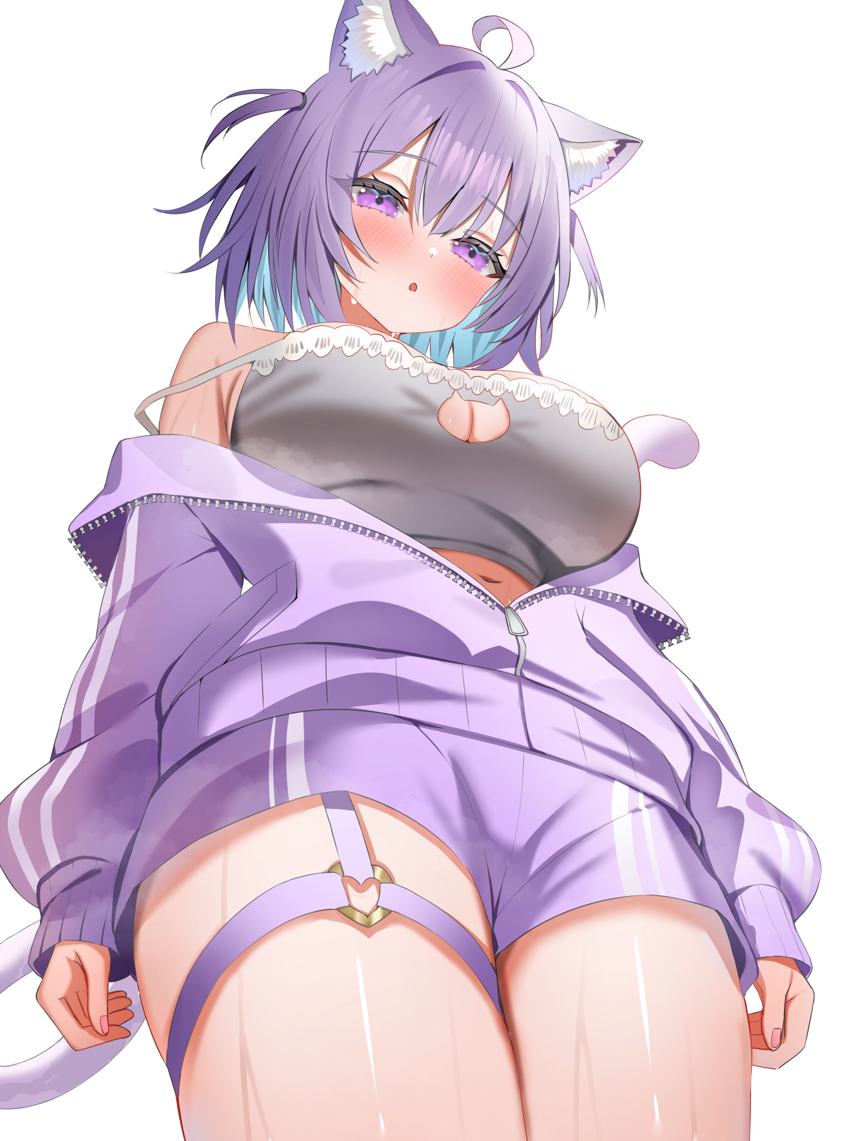 aa44, nekomata okayu, hololive, commentary request, highres, 1girl, :o, ahoge, animal ear fluff, animal ears, aqua hair, blush, bra, breasts, cat cutout, cat ears, cat girl, cat tail, clothing cutout, colored inner hair, cowboy shot, fingernails, frilled bra, frills, from below, grey bra, hair between eyes, jacket, large breasts, long sleeves, looking at viewer, looking back, multicolored hair, navel, partially unzipped, purple eyes, purple hair, purple jacket, purple shorts, short hair, short shorts, shorts, simple background, solo, standing, steaming body, strap slip, sweat, tail, thigh strap, underboob cutout, underwear, virtual youtuber, white background