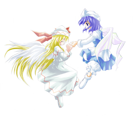 koto (keioteo), letty whiterock, lily white, touhou, lowres, 2girls, female focus, from side, full body, holding hands, long hair, multiple girls, white background