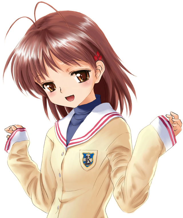 mocha, furukawa nagisa, clannad, 00s, 1girl, antenna hair, brown eyes, brown hair, female focus, long sleeves, school uniform, serafuku, sleeves past wrists, solo