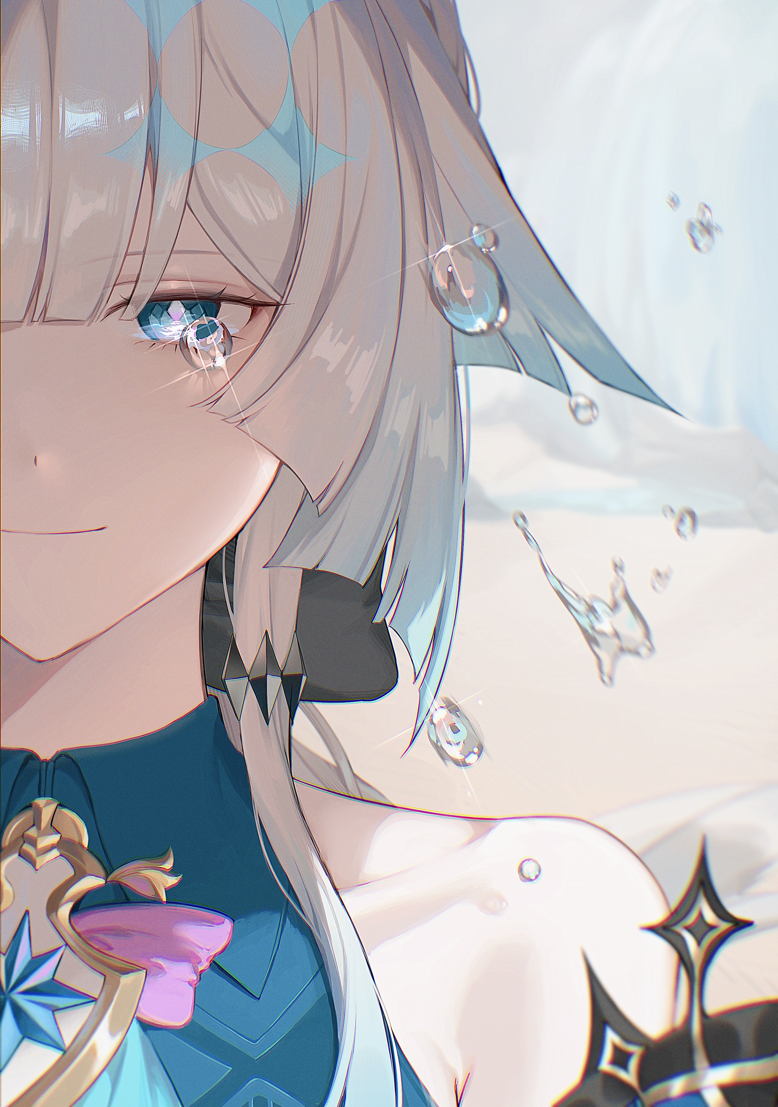 nei00nei, cerydra (honkai: star rail), honkai: star rail, honkai (series), absurdres, commentary request, highres, 1girl, ascot, black bow, blue ascot, blue dress, blue eyes, blue hair, blunt bangs, bow, bowtie, closed mouth, collarbone, collared dress, crying, crying with eyes open, crystal hair, detached sleeves, diamond-shaped pupils, diamond (shape), dress, emblem, grey hair, hair between eyes, hair bow, hair ornament, half-closed eye, long hair, low ponytail, multicolored hair, pink bow, pink bowtie, pink pupils, ponytail, sidelocks, sleeveless, sleeveless dress, smile, solo, sparkle, star (symbol), symbol-shaped pupils, tears, two-tone hair, upper body, water drop