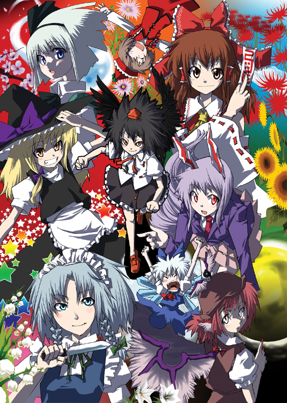 gengorou, cirno, hakurei reimu, izayoi sakuya, kirisame marisa, konpaku youmu, konpaku youmu (ghost), lyrica prismriver, mystia lorelei, reisen udongein inaba, shameimaru aya, touhou, light purple hair, silver hair, white legwear, 6+girls, animal ears, black dress, blonde hair, blouse, blue eyes, braid, brown hair, dress, everyone, expressionless, female focus, formal clothes, frills, front braid, full body, hairband, hat, head wings, loafers, long sleeves, looking at viewer, looking back, maid headdress, multiple girls, necktie, puffy short sleeves, puffy sleeves, rabbit ears, red hair, red necktie, running, shaded face, shirt, shoes, short hair, short sleeves, side braid, suit, thighhighs, tokin hat, twin braids, white shirt, wings, witch hat, zettai ryouiki