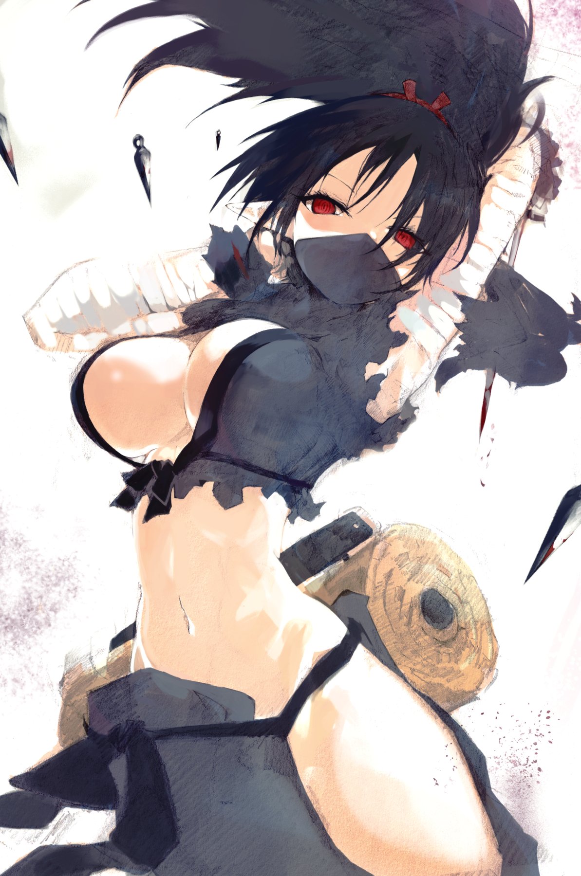 tsutsugano, kunoichi (disgaea), disgaea, makai senki disgaea 2, highres, 1girl, bandages, black hair, breasts, cleavage, kunai, large breasts, long hair, looking at viewer, mask, midriff, mouth mask, navel, ninja, ninja mask, pointy ears, ponytail, red eyes, short sword, solo, sword, weapon