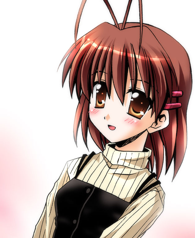 otoki raku, furukawa nagisa, clannad, 00s, 1girl, antenna hair, apron, brown eyes, brown hair, female focus, open mouth, ribbed sweater, short hair, smile, solo, sweater