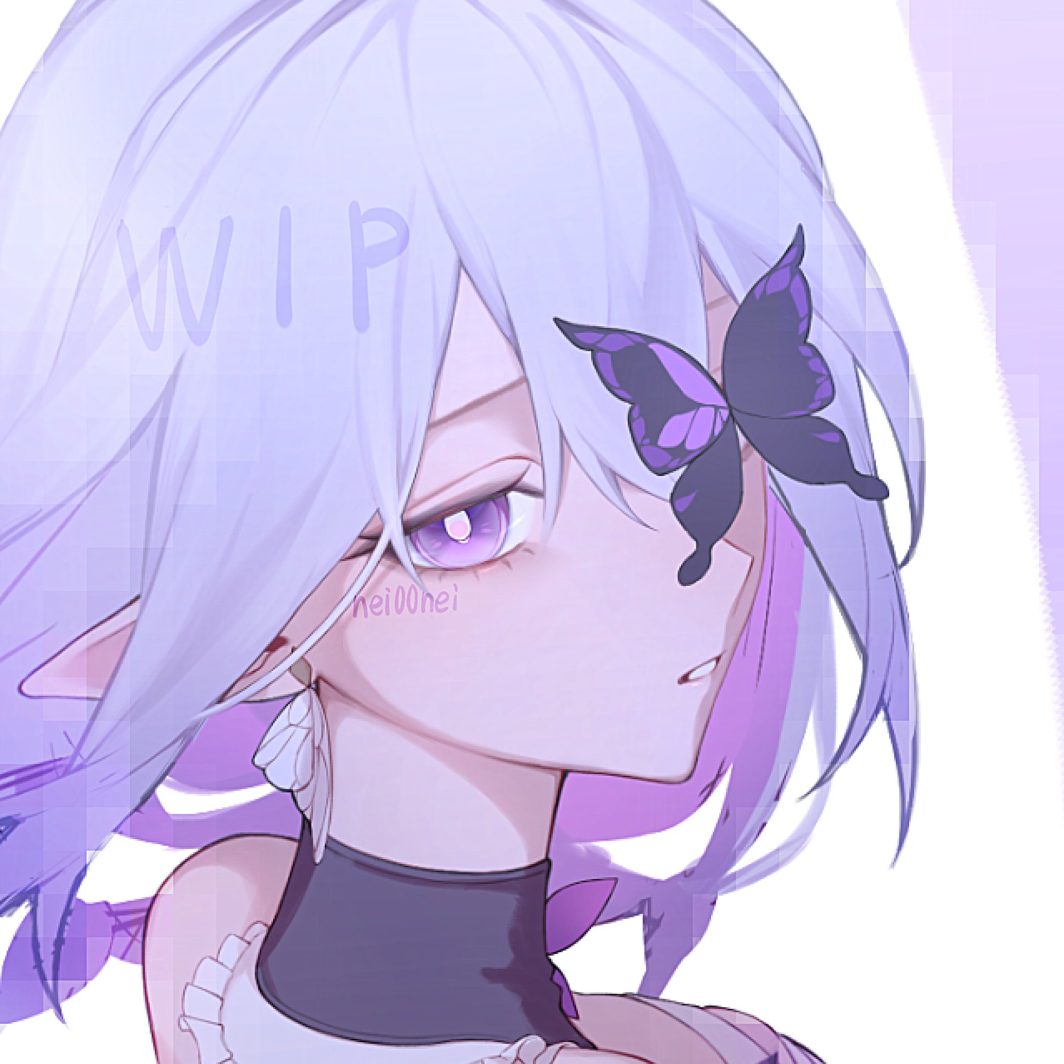 nei00nei, castorice (honkai: star rail), honkai: star rail, honkai (series), commentary request, highres, unfinished, 1girl, artist name, bare shoulders, black butterfly, breasts, bug, butterfly, colored inner hair, eyelashes, floating hair, from behind, half-closed eye, insect, long hair, looking at viewer, looking back, medium breasts, multicolored hair, pink pupils, pointy ears, purple eyes, purple hair, simple background, solo, teeth, upper body, white background