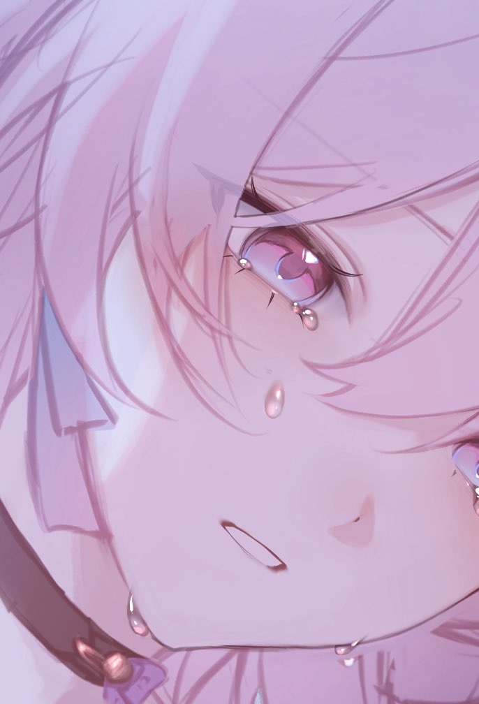 nei00nei, march 7th (honkai: star rail), march 7th (preservation) (honkai: star rail), honkai: star rail, honkai (series), commentary request, 1girl, black choker, blue eyes, choker, crying, crying with eyes open, earrings, hair between eyes, jewelry, looking down, multicolored eyes, pink eyes, pink hair, sad, short hair, sidelocks, single earring, solo, tears, teeth