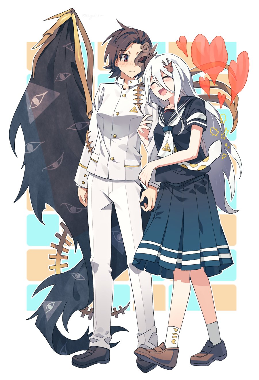 re ghotion, iwanaga ariya, yuiman asama, fossilized wonders, touhou, highres, 2girls, brown hair, half mask, long hair, mask, multiple girls, pants, school uniform, shirt, short hair, shy, single wing, smile, white hair, white pants, white shirt, wings, yuri